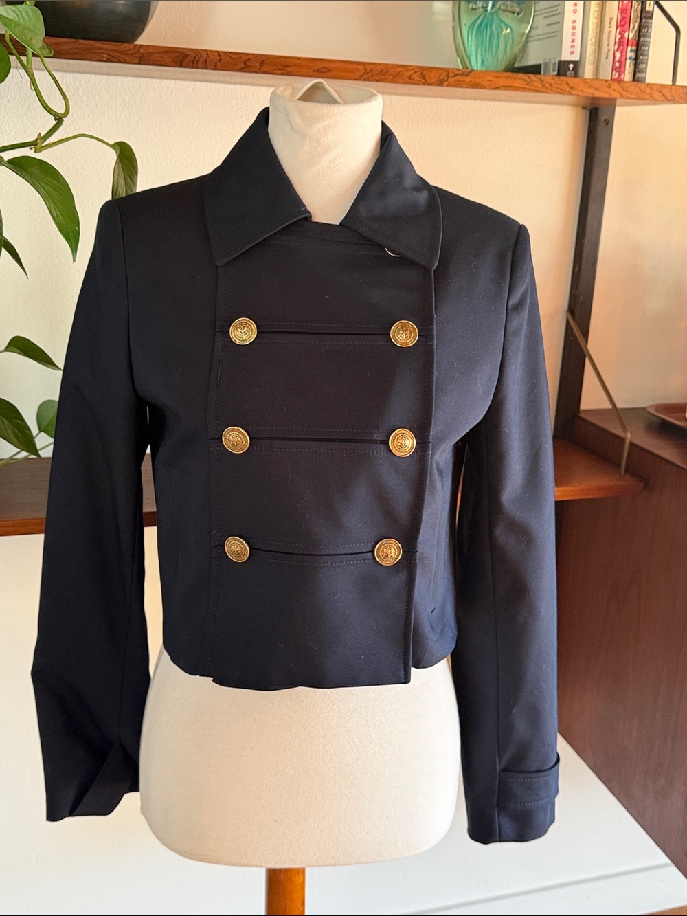 Zara Navy Double-Breasted Cropped Military Jacket with Gold Buttons - Medium